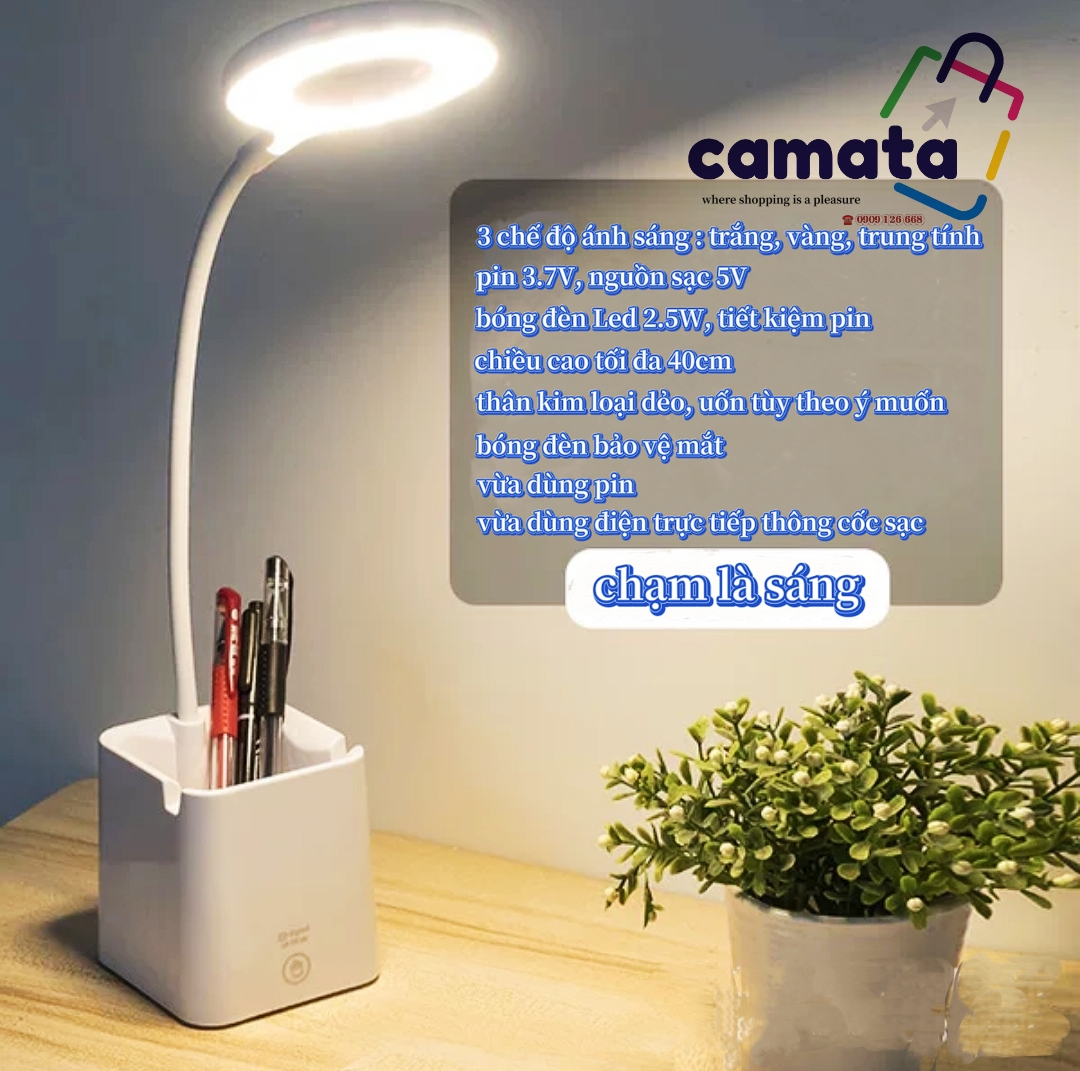 [TẶNG KÈM PIN VÀ CỐC SẠC TRỊ GIÁ 50K] Đèn bàn học sinh sạc pin led không dây CAMATA 1811 đèn bàn cảm ửng chế độ sáng, đèn bàn làm việc.