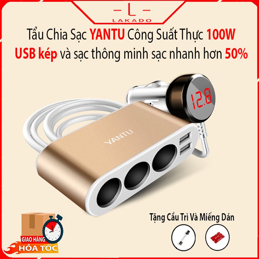 Bộ chia tẩu sạc ô tô, xe hơi cao cấp 3 tẩu - 2 cổng USB sạc nhanh YANTU- có công tắc linh hoạt, tặng kèm cầu chì dự phòng và miếng dán cố định 3M- Galaxylife