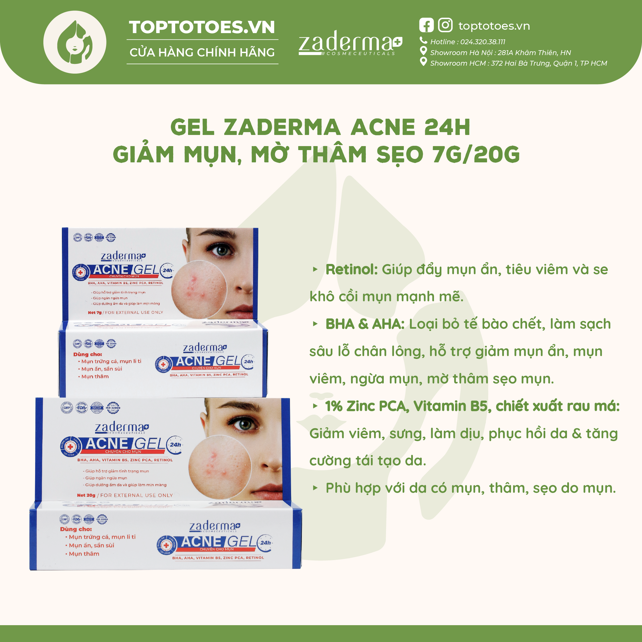 Gel Zaderma Acne 24h giảm mụn, mờ thâm sẹo 7g/20g