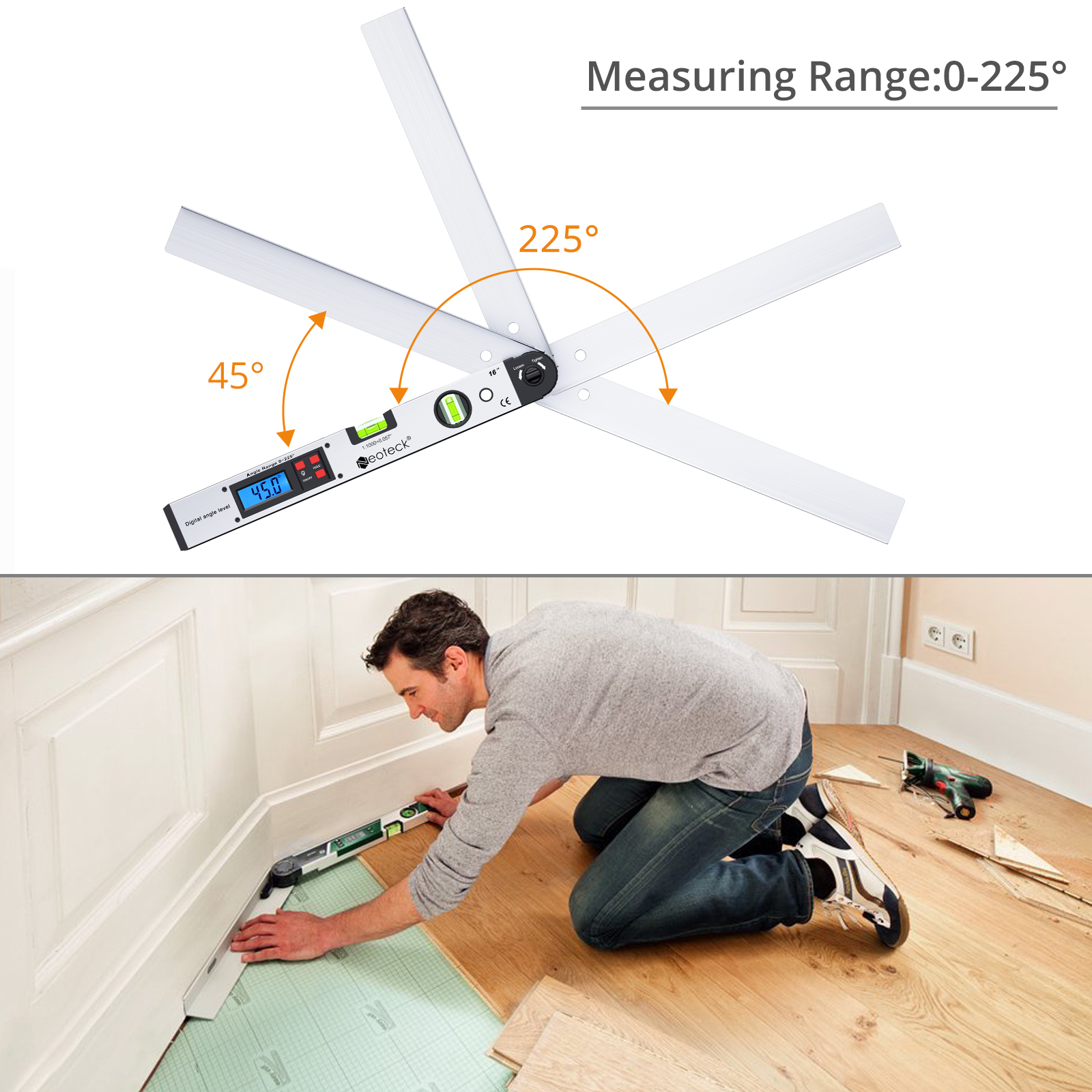 Neoteck 0~225° LCD Digital Protractor Spirit Level Angle Finder Gauge Meter