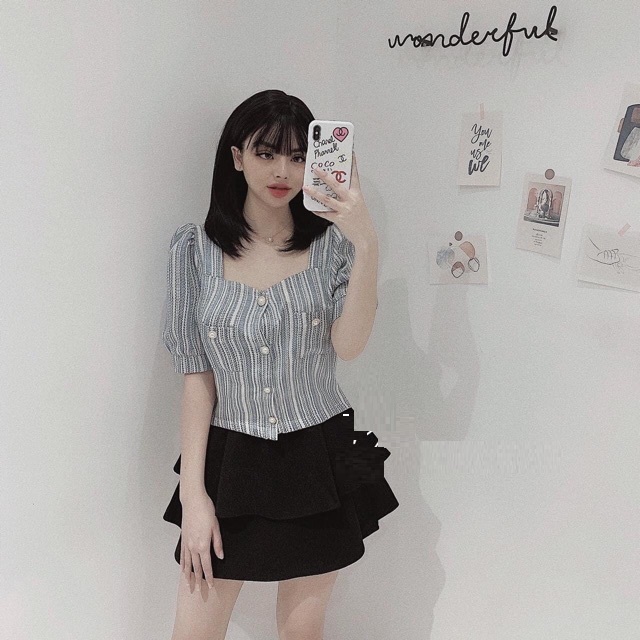 Quần váy cạp cao xòe 2 tầng xếp ly đen