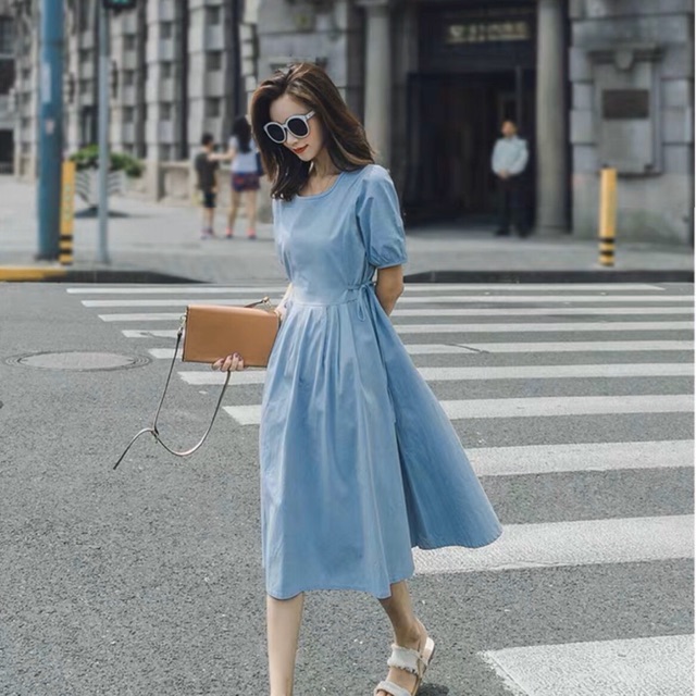 Đầm tùng xếp li nút sau 2 màu