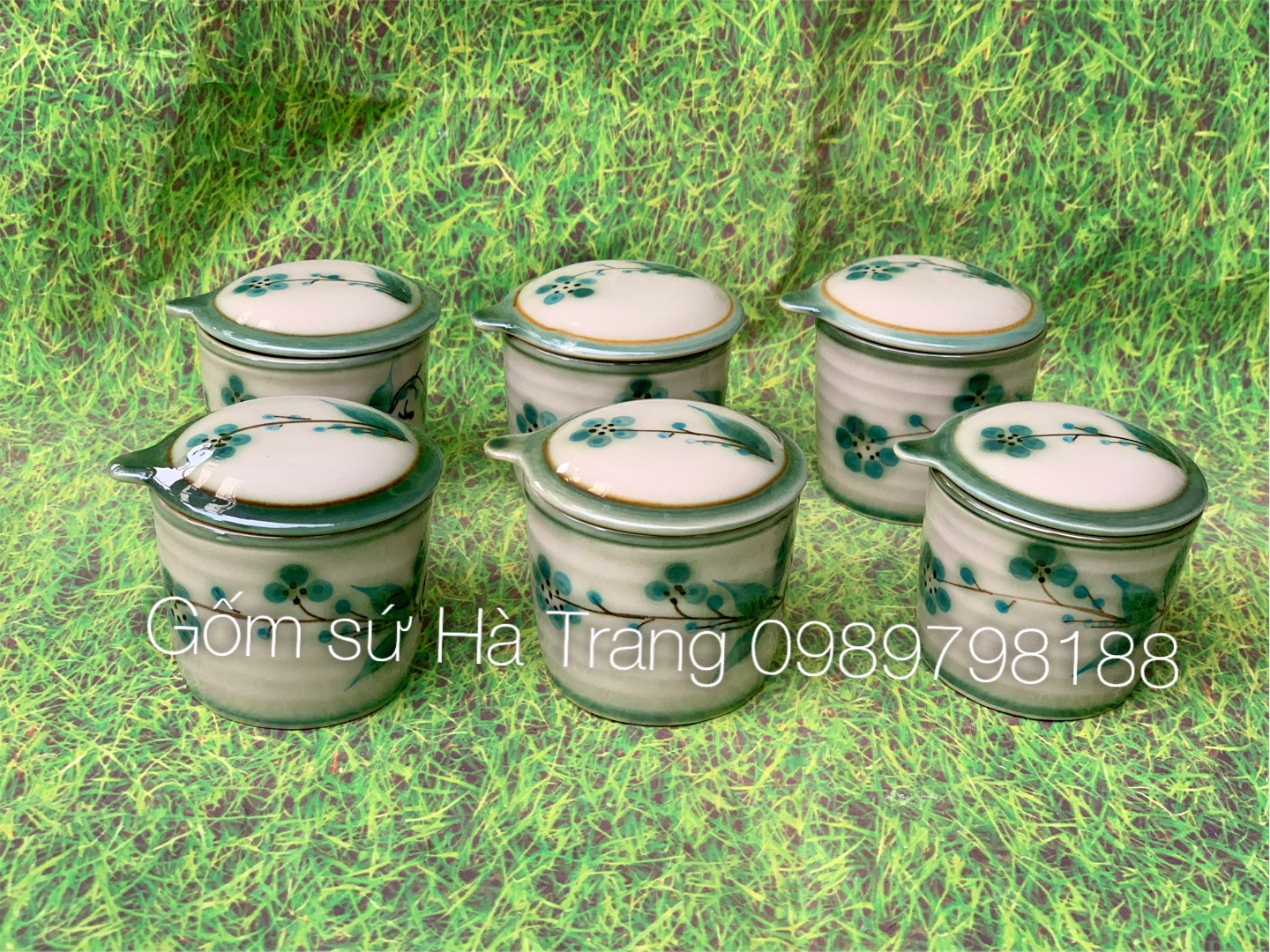 Cốc làm caramen gốm sứ Bát Tràng vẽ đào xanh