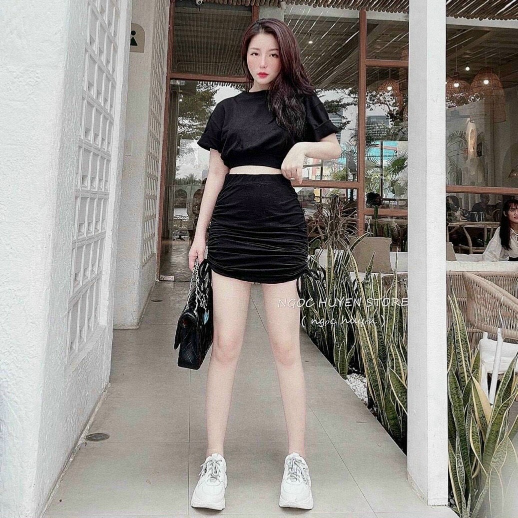 Sét đầm borip áo croptop phối chân váy rút 2 bên stype TTSA1267