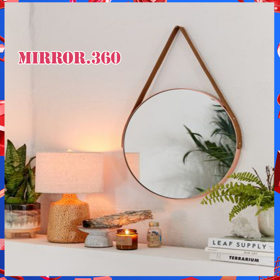(Size 50cm) Gương Tròn Treo Tường Viền Da Simili (Màu Vàng Bò)