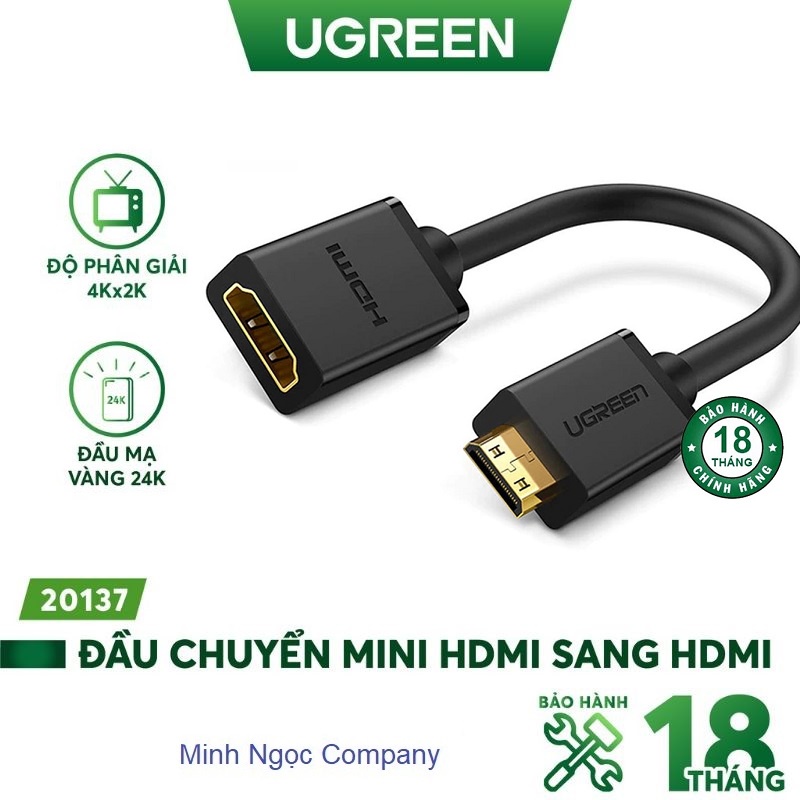 Cáp chuyển đổi mini hdmi đực sang hdmi cái dài 25cm ugreen 20137 - hàng