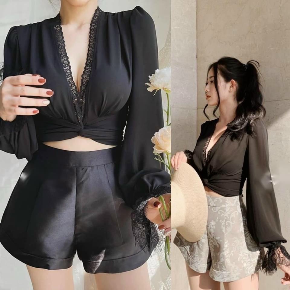 Áo kiểu tay dài viền ren cột nơ eo sexy , chất voan lụa mềm mát
