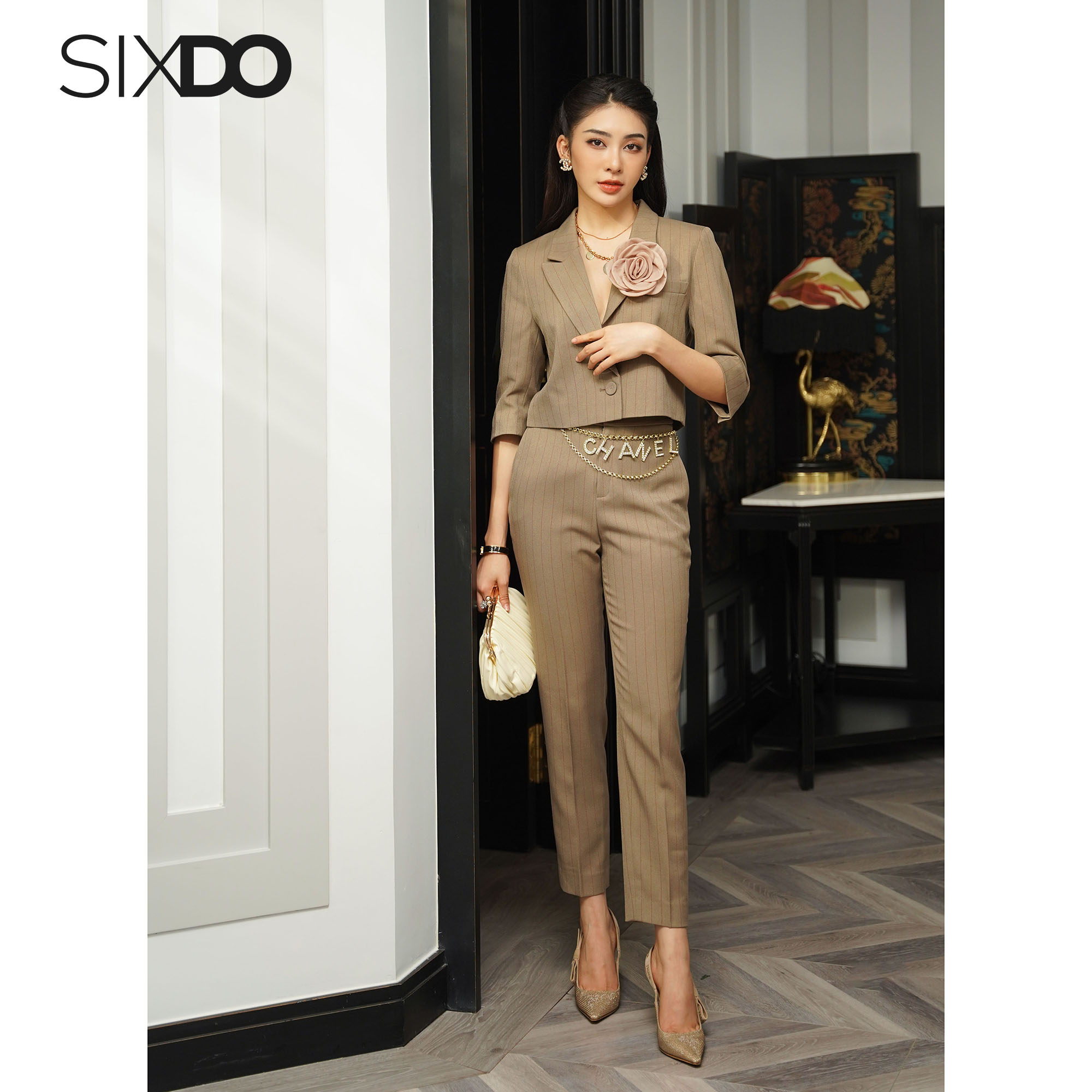 Quần âu nữ thanh lịch SIXDO (Light Brown Stripe Woven Pants)