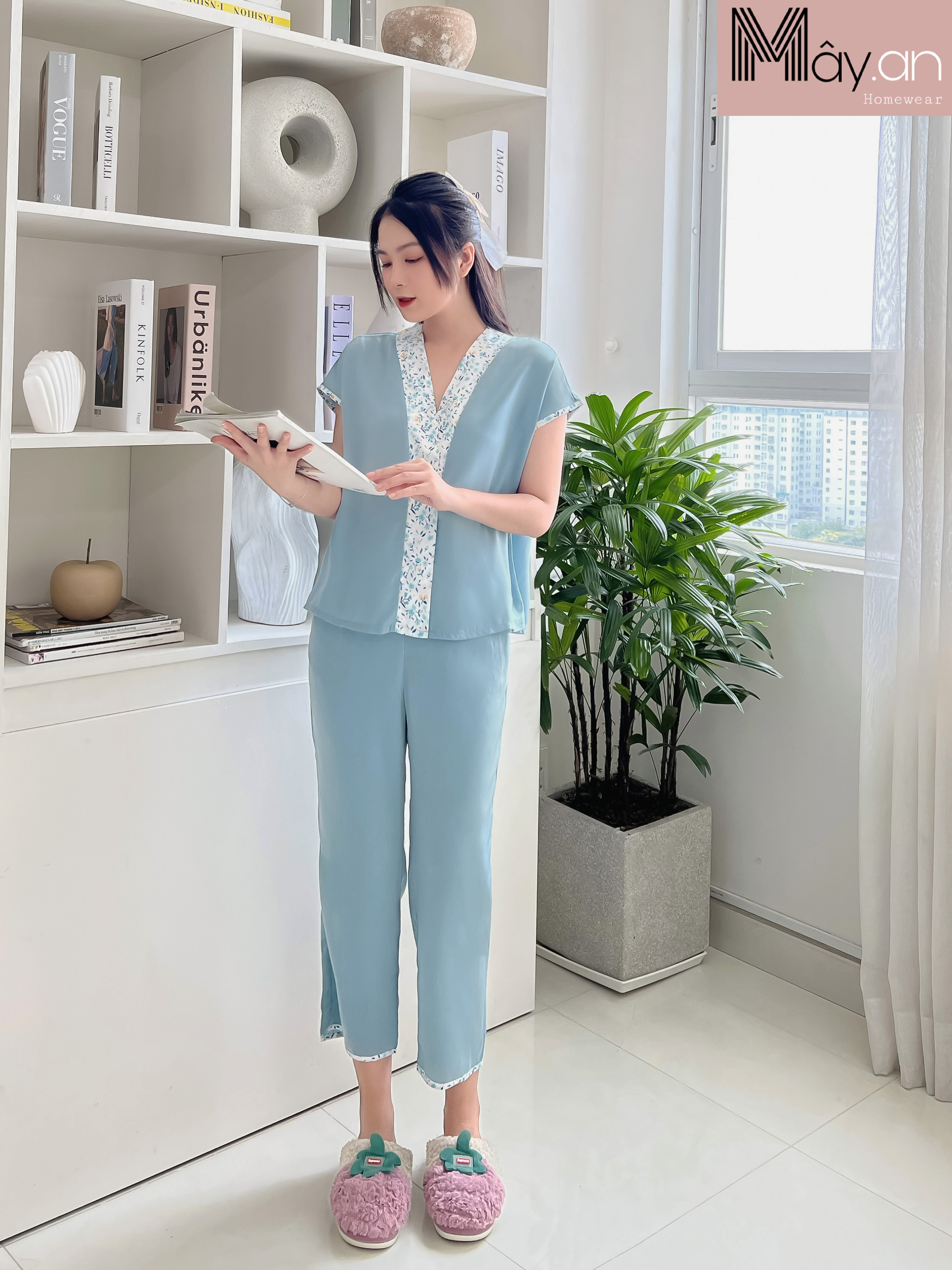 Đồ mặc nhà Mây áo viền hoa lụa nhung cao cấp - quần dài