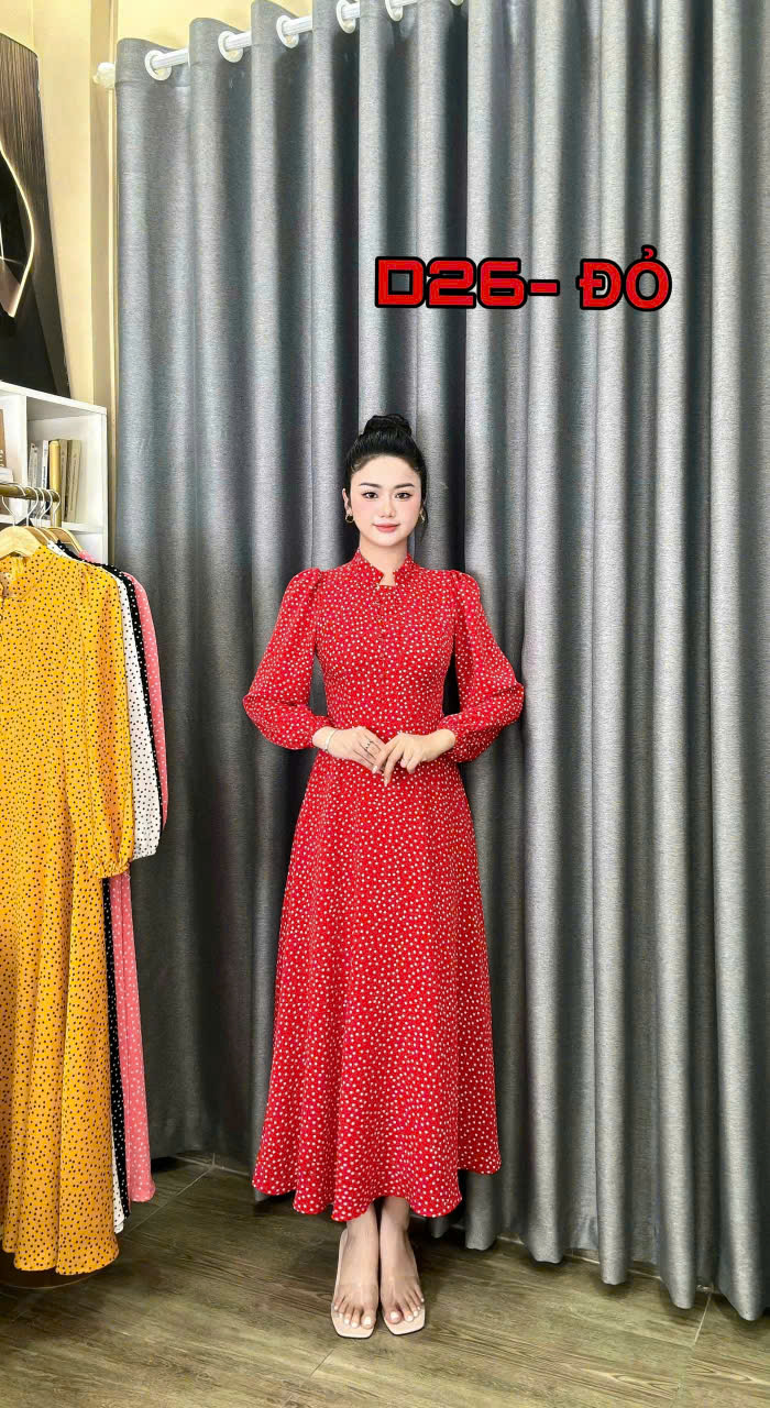 ĐẦM MAXI CHẤM BI TAY DÀI CÀI NÚT DUYÊN DÁNG