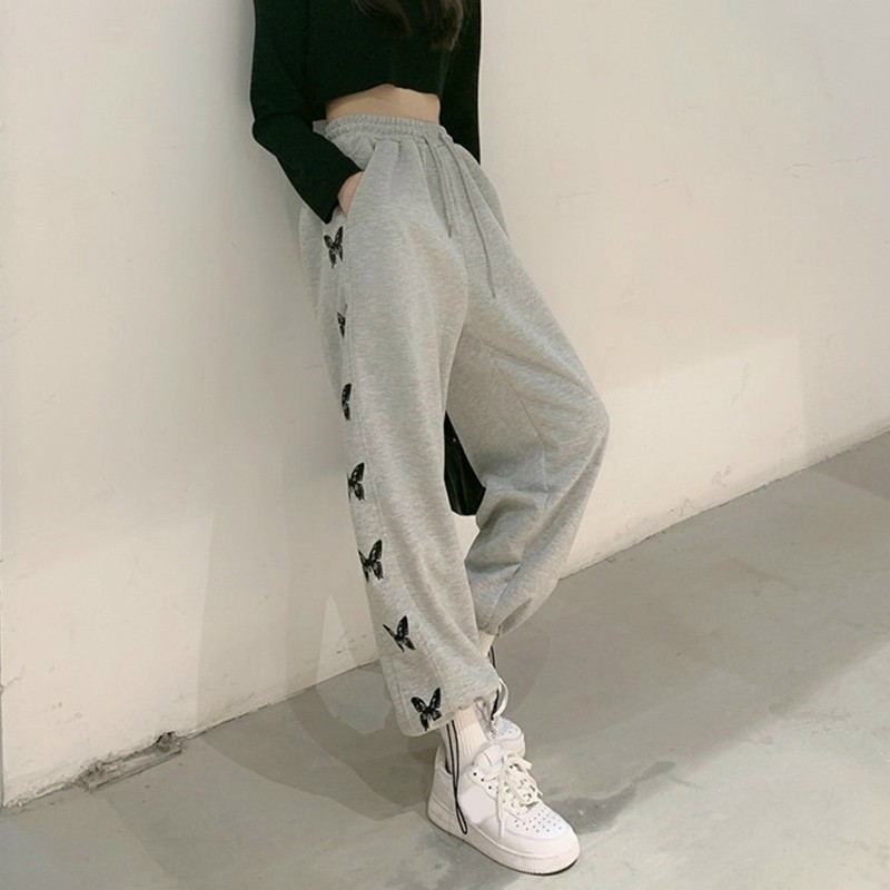 Mẫu hót quần jogger nỉ in cánh bướm ulzzang, quần nỉ bo ống rút dây - jogger nỉ chun gấu siêu hot m02