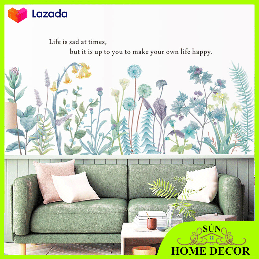 Decal dán tường 1 hàng cỏ hoa sắc xanh dịu mát, trang trí tường nhà, phòng khách, quán trà... siêu đẹp
