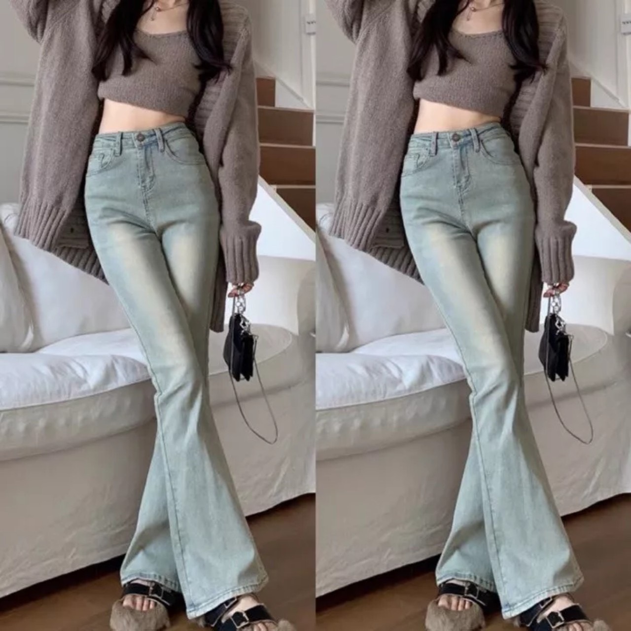 Quần bò jeans nữ co dãn ống loe trơn, loe may gấu, loe xẻ gấu, rộng xuông đứng, jeans co dãn 4 chiều