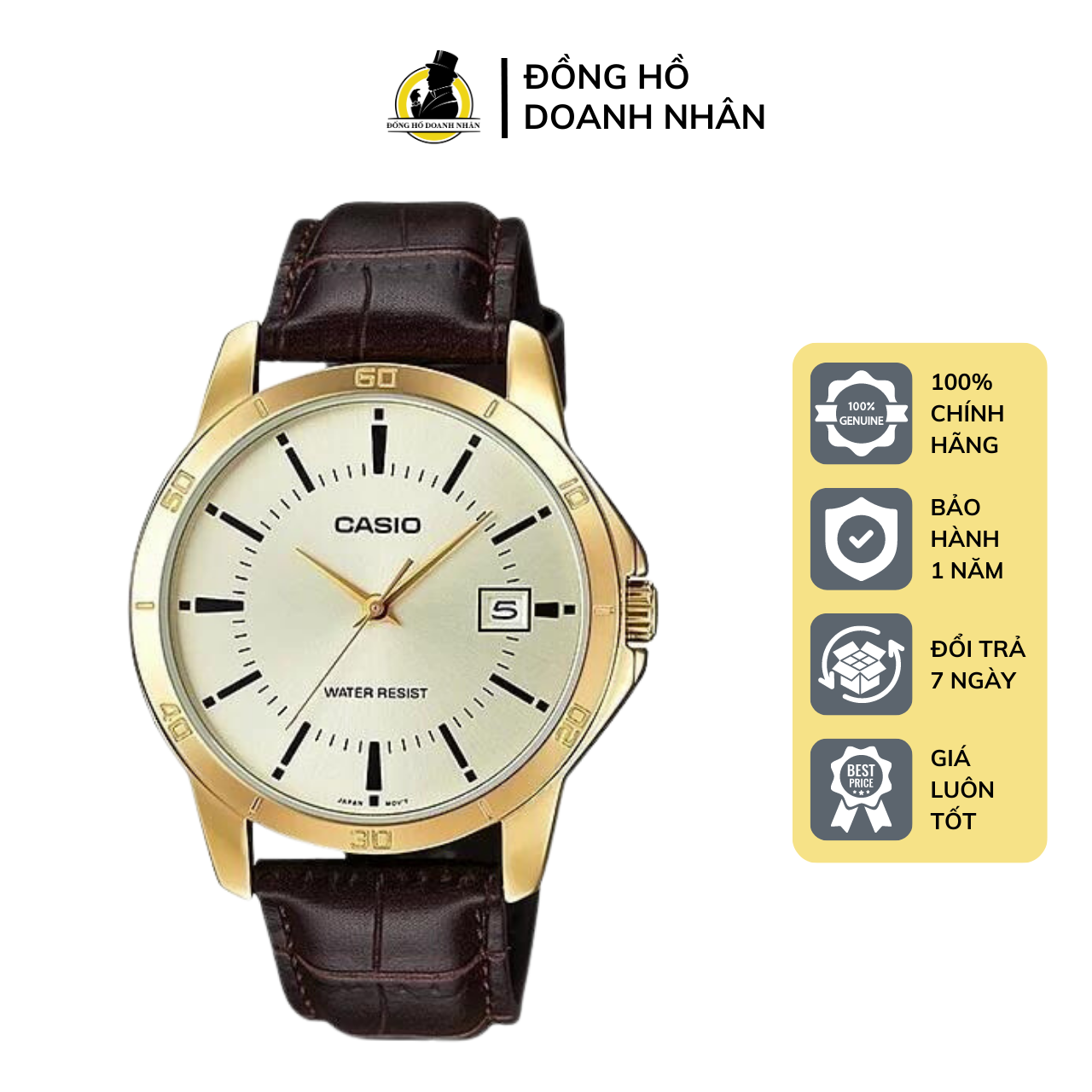Đồng hồ nam cao cấp casio mtp-v004gl-9audf dây da nâu kính khoáng, size 41.5mm chống nước, bảo hành 1 năm