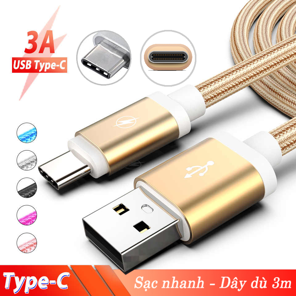 Cáp sạc samsung bọc dù type c - cáp bọc dù samsung dài 3m, cáp sạc nhanh 3m bọc dù type c, dây sạc usb type c bọc dù dài 3m