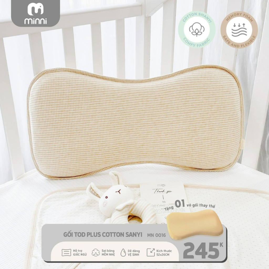 Gối sơ sinh Ualarogo MINNI TOD Plus chống bẹt đầu ruột Memory Foam vỏ Cotton Shanyi 52x26cm mềm mại kháng khuẩn MN 0016
