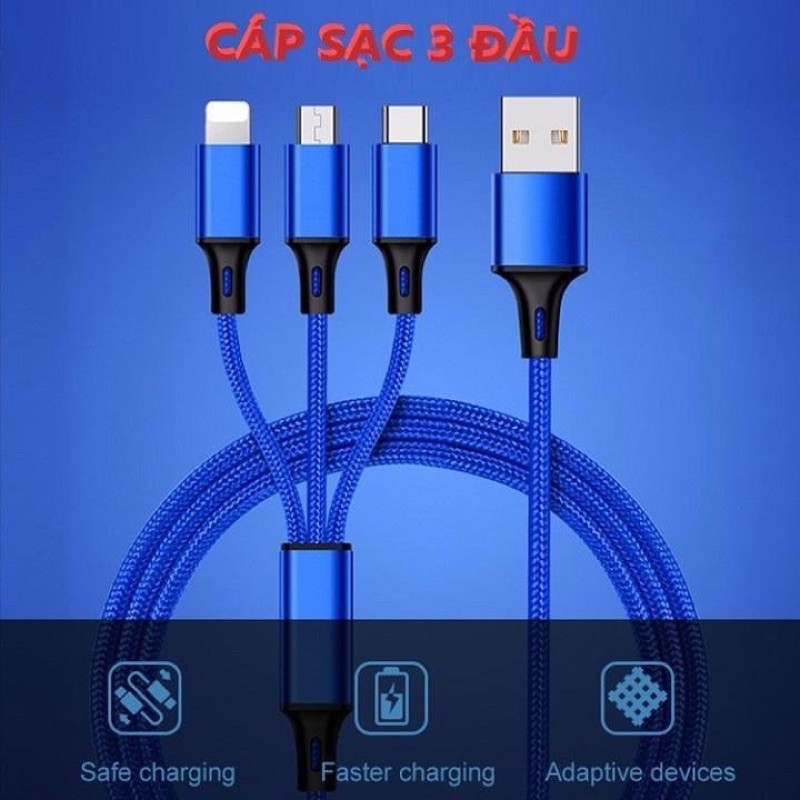 SẠC 3 ĐẦU DÂY DÙ HỖ TRỢ SẠC NHANH { CHÂN TYPE C,IP,micro Usb }