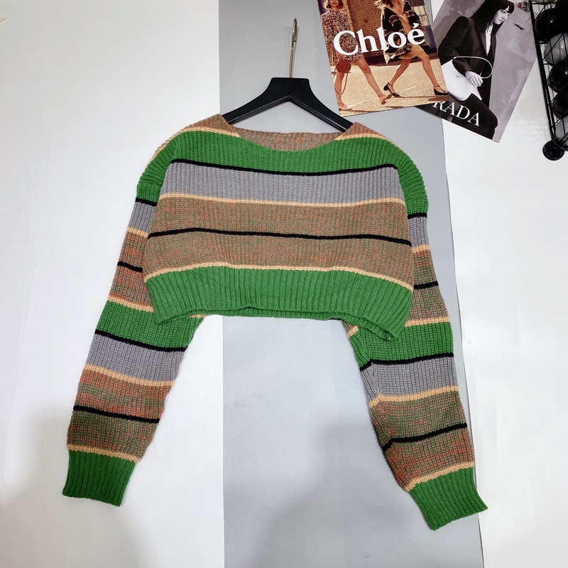 Áo len kẻ xanh croptop hót hít 12(kèm ảnh thật và video)