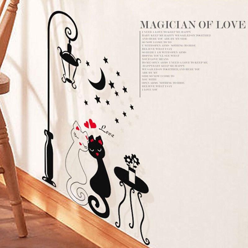 Sticker Decal dán tường hình cặp mèo & đèn phố