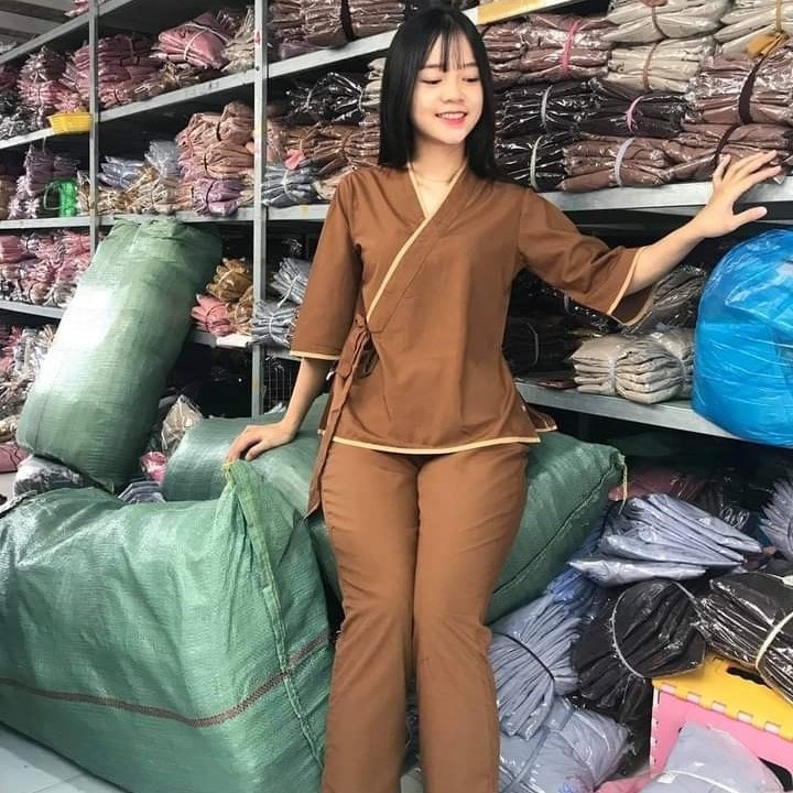 Áo tràng, Quần Áo Phật Tử, Đồ Lam Đi Chùa Nữ, đồ bộ mặc nhà mẫu xéo nơ không thêu mã PN06