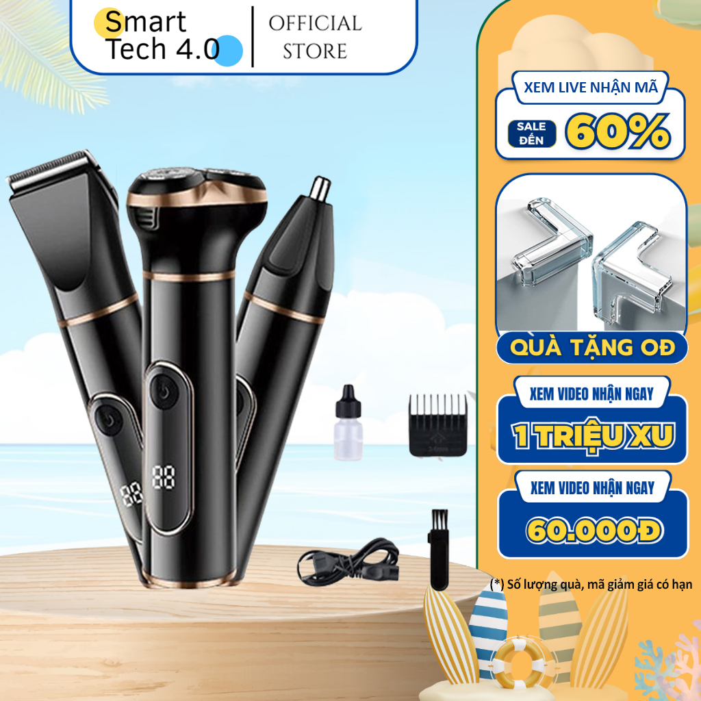 Máy Cạo Râu 3 In 1 Đa Năng Cao Cấp, Tông Đơ Cắt Tóc Tỉa Lông Mũi Cạo Khô Cạo Ướt Dao Cạo Râu Điện Hàn Quốc Cạo Lông Vùng Kín Chống Nước IPX7 Có Thể Thay Lưỡi Pin Trâu