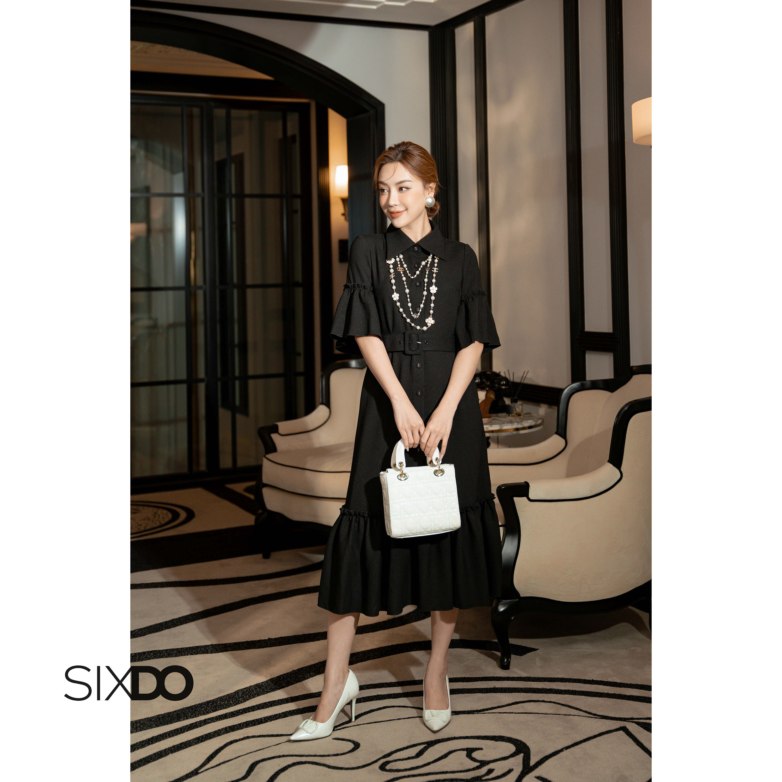 Đầm sơ mi tay bèo kèm thắt lưng thời trang SIXDO (Black Flute Sleeves Midi Woven Dress)