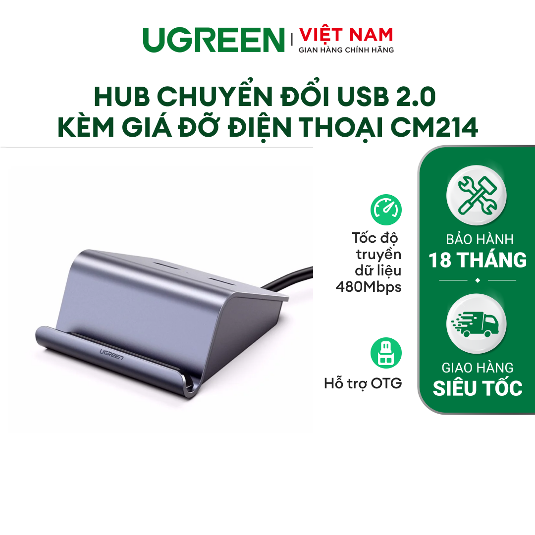 Bộ chia cổng USB 2.0 UGREEN CM214 Chia 2 cổng USB 2.0 hỗ trợ chức năng otg - Kèm giá đỡ điện thoại - Hàng phân phối chính hãng - Bảo hành 18 tháng 1 đổi 1