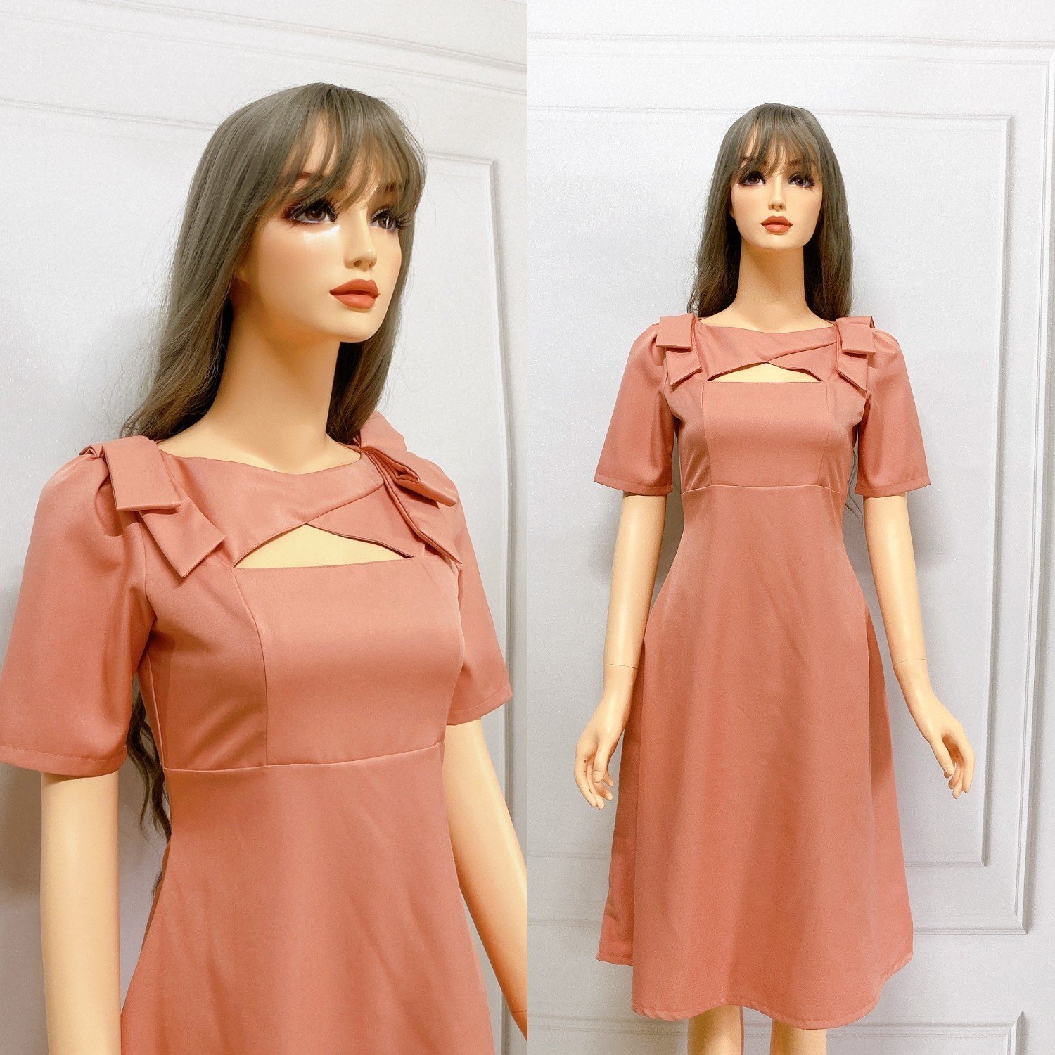 Đầm Xòe Dự Tiệc Phối Nơ Vai A8265