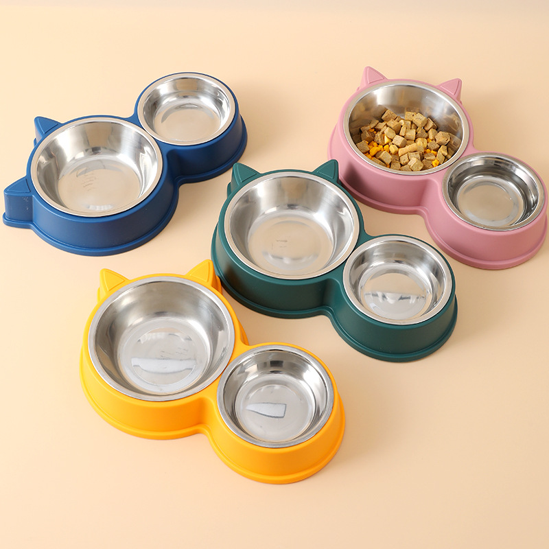 chén đôi inox hình mèo dành cho chó mèo - T3 PETS SHOP