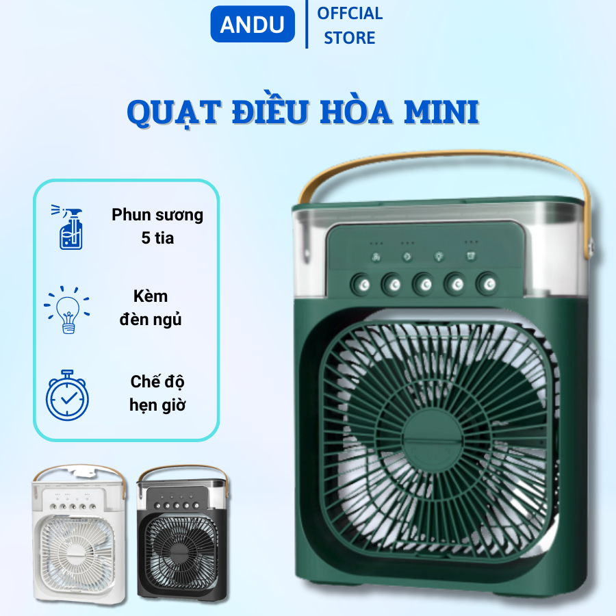 Quạt Điều Hòa Phun Sương Hơi Nước Mini Để Bàn 3 Chế Độ Tích Hợp Led, Chế Độ Hẹn Giờ Sử Dụng Cổng Sạc USB Tiện Dụng