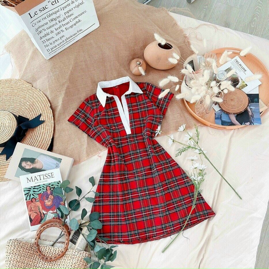 [ Voucher 50k Freeship Max 0 đồng toàn quốc ] ĐẦM CARO TAY DƠI FROM SUÔNG CỔ SƠ MI MTB