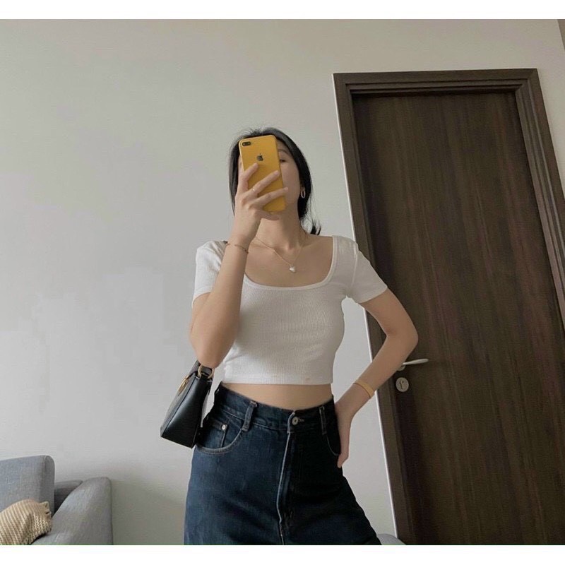 [HCM]áo thun gân cột nơ lưng croptop cổ vuông