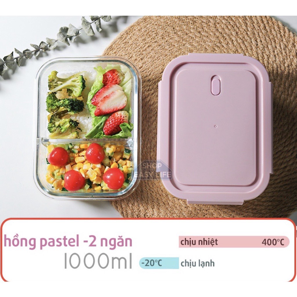 (Xả Kho) Hộp Thủy Tinh Chịu Nhiệt Chữ Nhật 1000ml - Chia 2 Ngăn - Nắp Có Ron Chống Tràn - Hộp Mang Cơm, Đựng Thực Phẩm