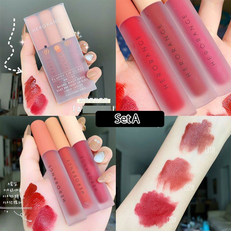 Set 3 Cây Son Kem Lì Herorange Fluffy Lip Glaze - Son Kem Siêu Xinh Chất Mềm Và Mịn