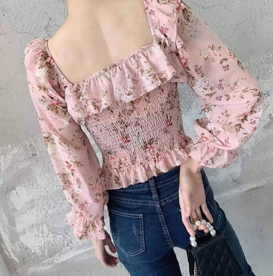 Áo Voan hoa nhún trễ vai phối bèo tiểu thư TTKX0624