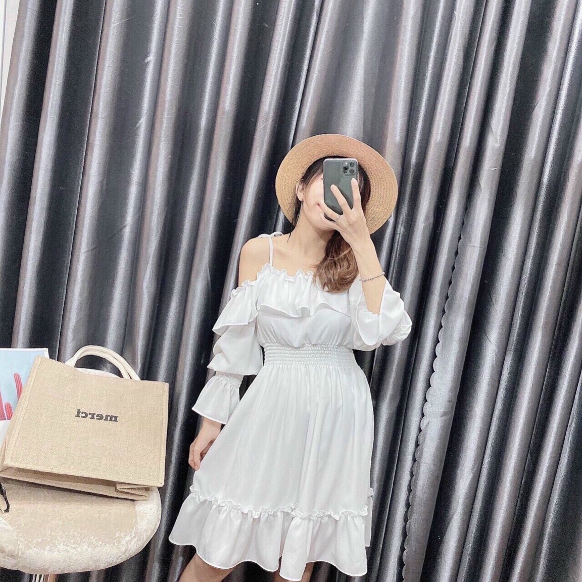 [HCM-CHUYÊN SỈ & LẺ THỜI TRANG] ĐẦM TRẮNG TRỄ VAI HAI DÂY TAY DÀI PHỐI BÈO ĐẦM TIỂU THƯ XINH XẮN