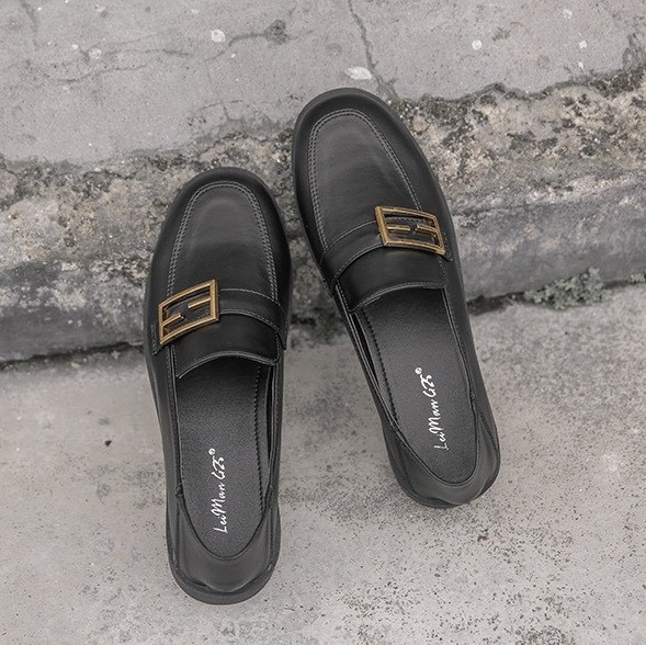 Giày Loafer Nữ Da Mềm Đế 3cm Màu Đen và Kem