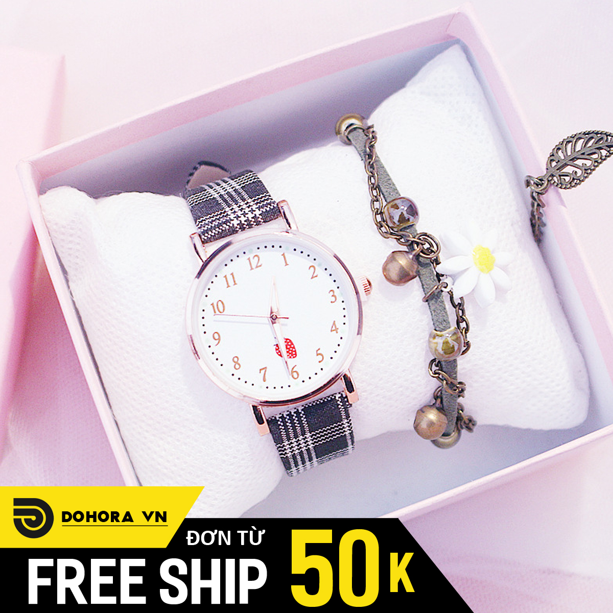 Đồng hồ quartz thời trang nữ Strawberry B147, Mặt tròn số, dây caro cực xinh, phong cách Hàn Quốc, chống nước sinh hoạt