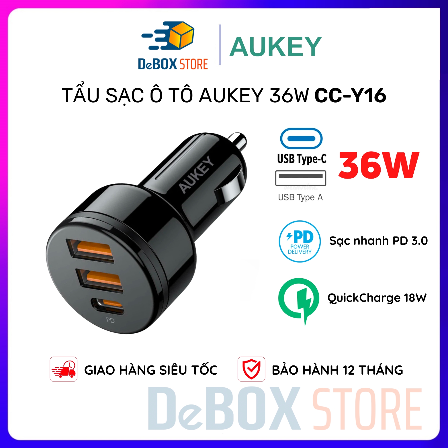 Tẩu Sạc ô tô AUKEY Siêu Nhanh CC-Y16 36W Dual USB A QC 3.0 USC