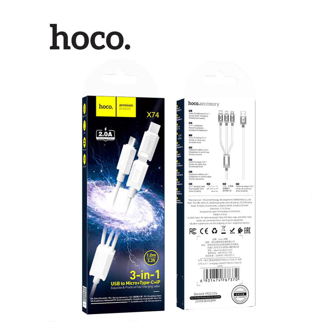 Cáp sạc Hoco X74 3IN1 Micro+Type-C+Lightning hổ trợ sạc 2.0A dài 1M ( Đen )
