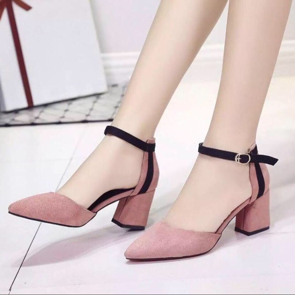 Giày cao gót vuông 7p bít mũi gót sọc đơn