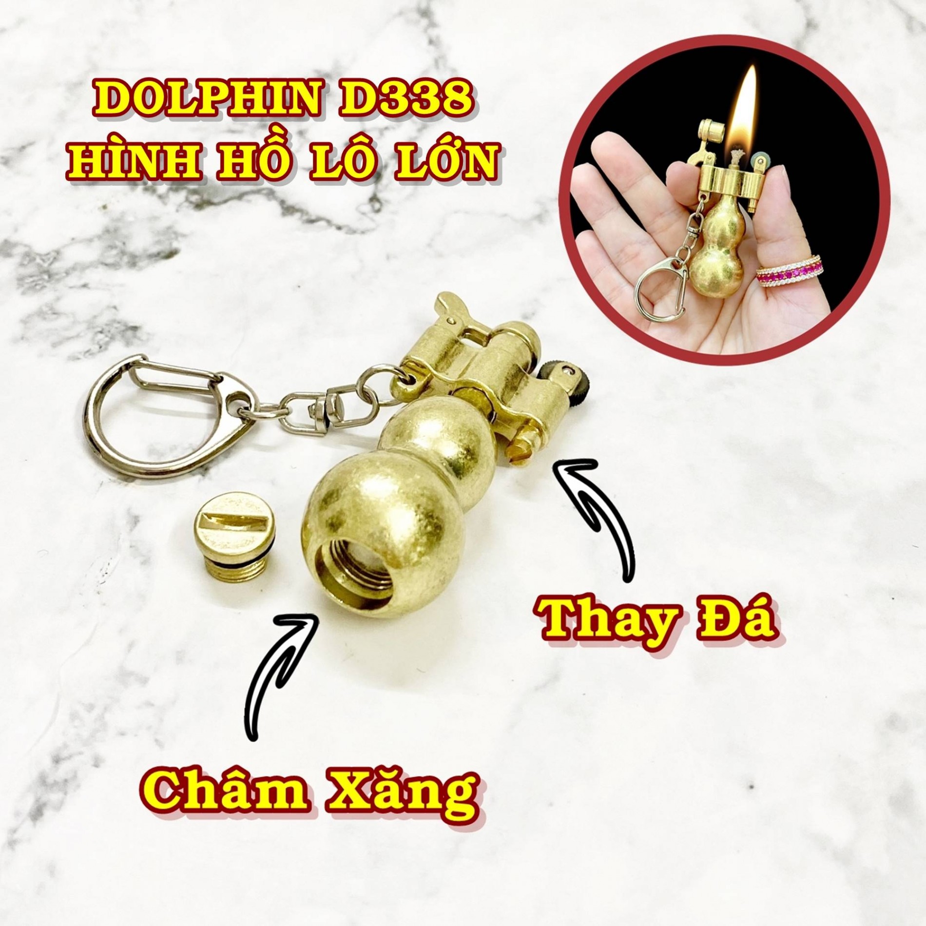 Bật lửa móc khóa hình hồ lô vàng - xài xăng