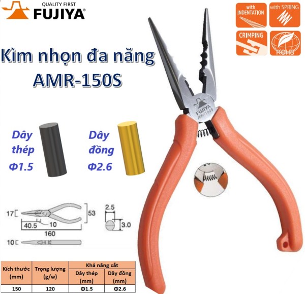 Kìm nhọn đa năng 6inch/ 150mm Fujiya AMR-150S (cắt dây thép, dây đồng)  thương hiệu Nhật Bản