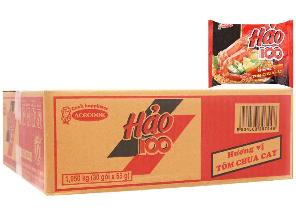 [Thùng 30 gói] Mì Hảo 100 Tôm chua cay 65g