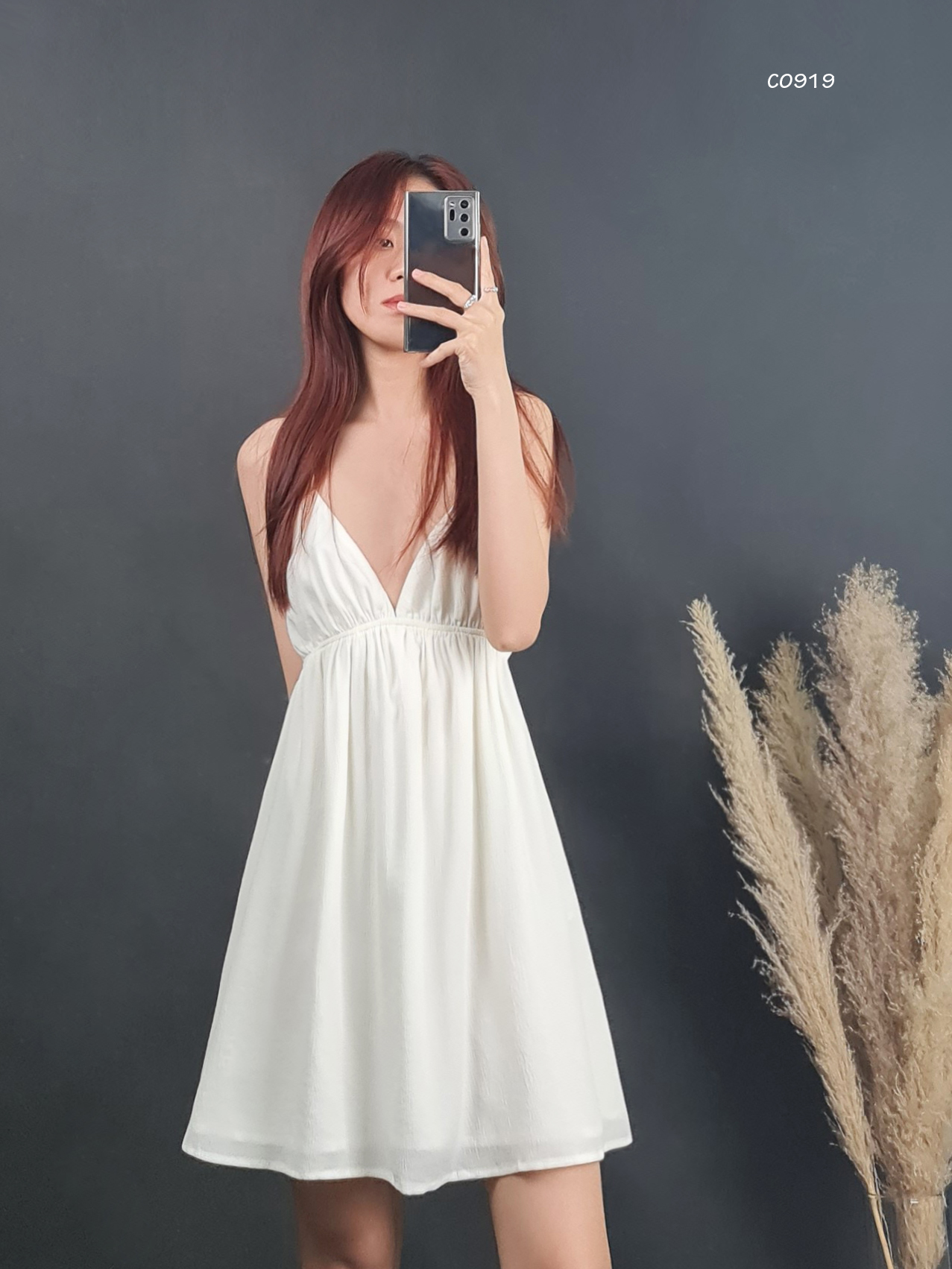 C0919 & c0918 - đầm 2 dây f21 cột nơ sau trơn & in hoa