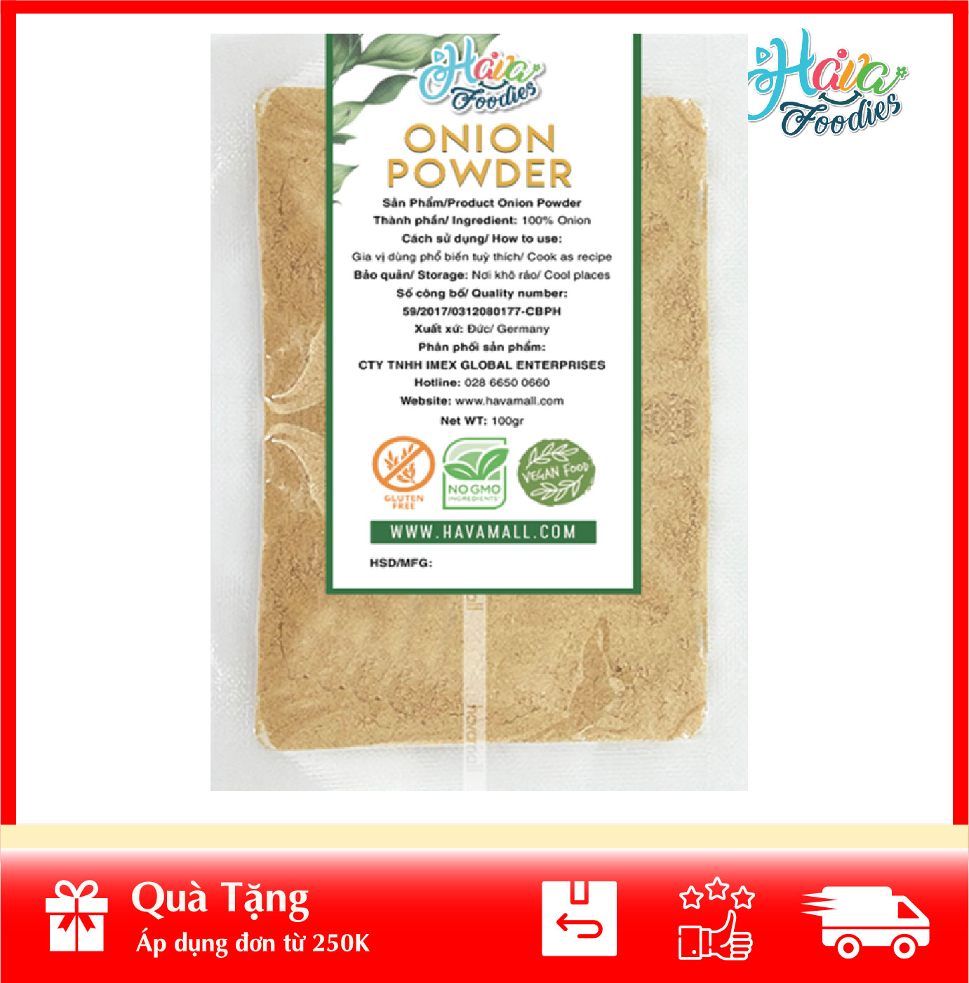 Bột hành thương hiệu hava foodies gói 100g – onion powder