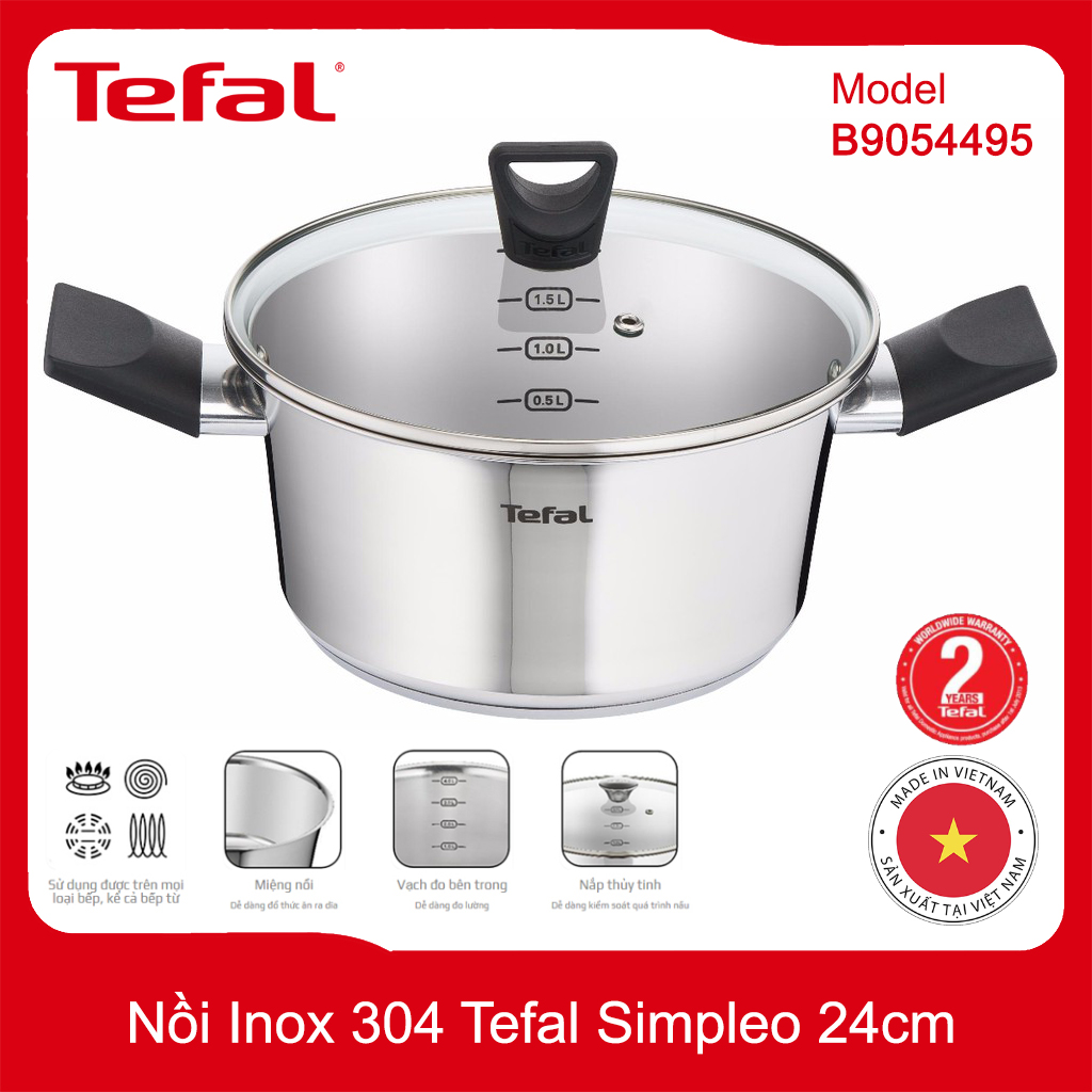 Bộ 2 nồi và 1 quánh inox 304 tefal simpleo 18cm/20cm/24cm hàng chính hãng, bảo hành 5 năm
