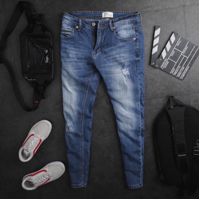 Quần jean nam cao cấp ZR ống ôm slimfitxanh rách- quần bò co giãn