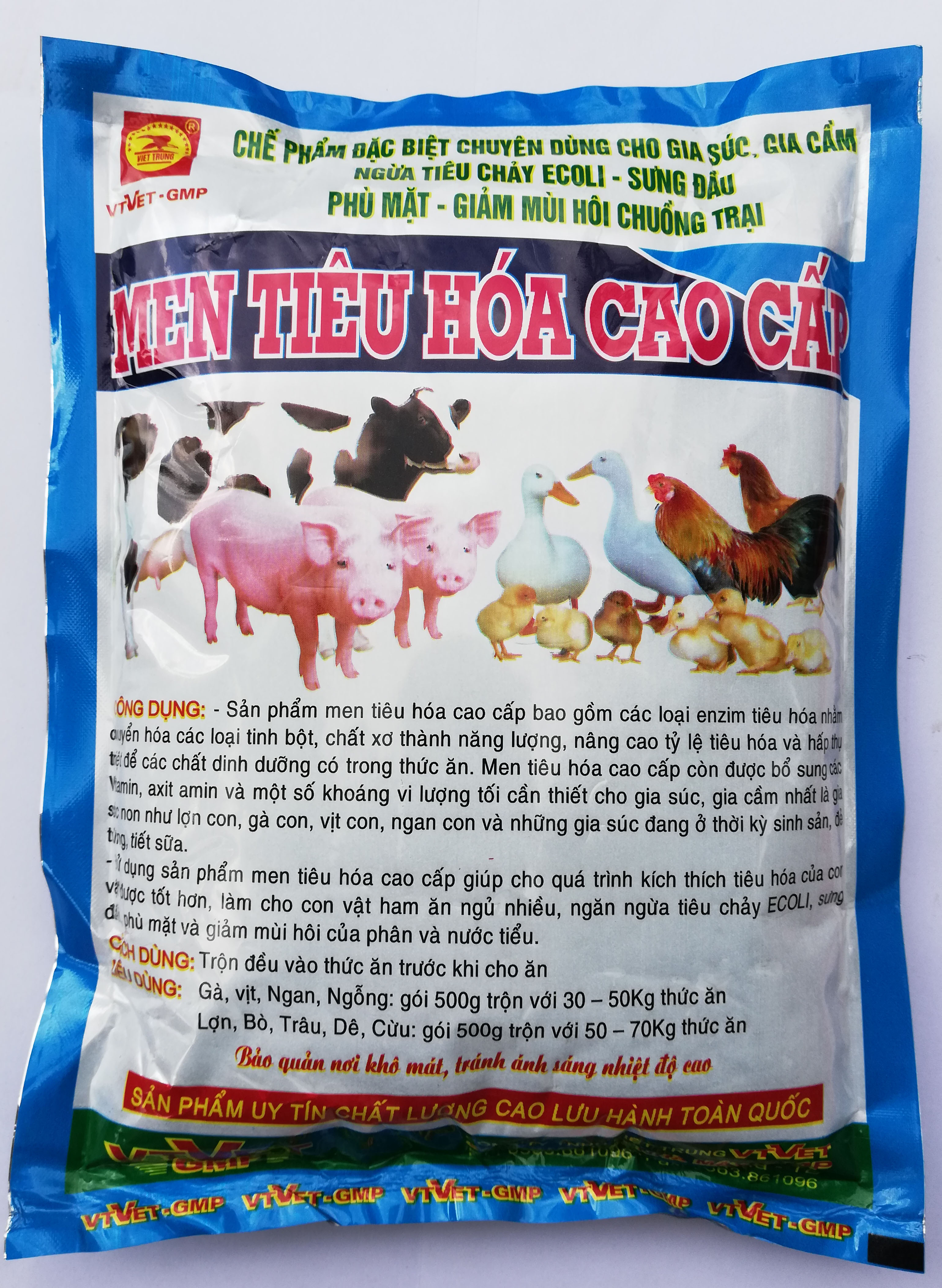 500g Men tiêu hóa cao cấp chuyên dùng cho gia súc, gia cầm ngừa tiêu chảy E. coli sưng đầu – phù mặt – giảm mùi hôi chuồng trại.