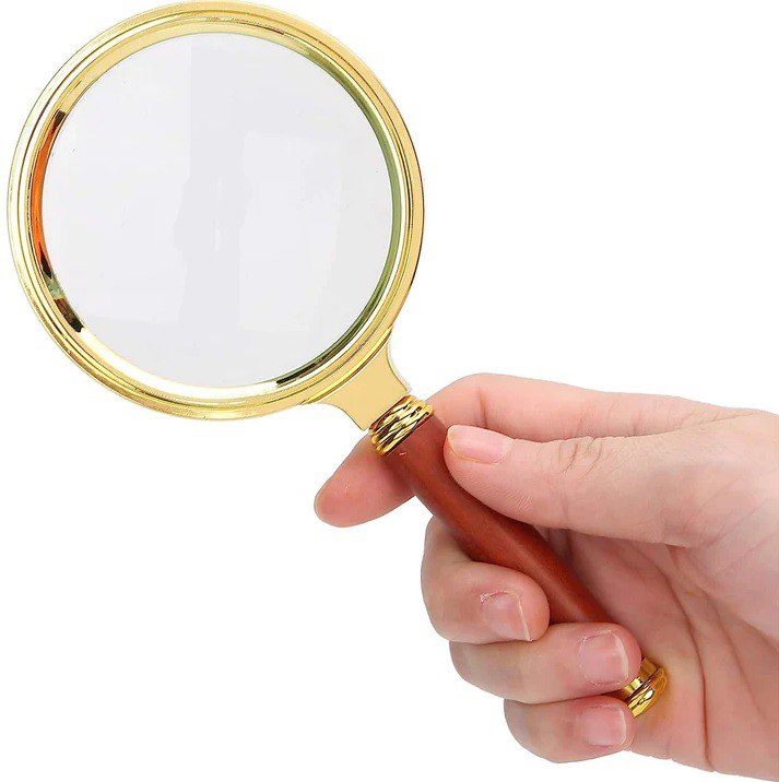 Kính lúp cầm tay phóng đại cán gỗ viền kim loại, có thể tháo rời, dùng soi đồ vật, đọc sách